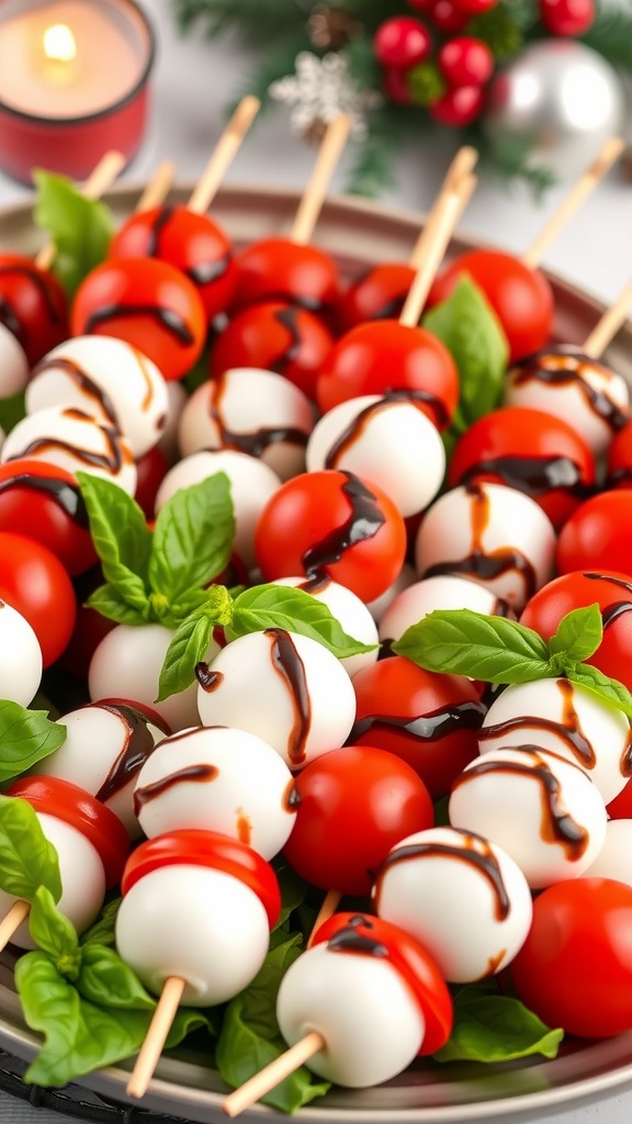 A platter of colorful Caprese skewers with tomatoes, mozzarella, and basil, drizzled with balsamic reduction, on a festive table.